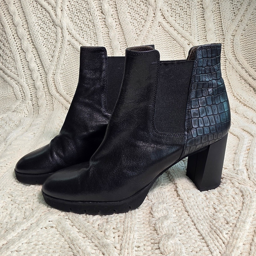 Brunate Heeled Boots Black Croc Embossed Italian Leather Womens 38.5 Excellent